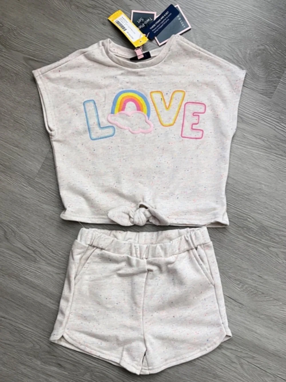 Andy & Evan Girls 2 Piece James French Terry Tie Front Top & Short Set, Love 6